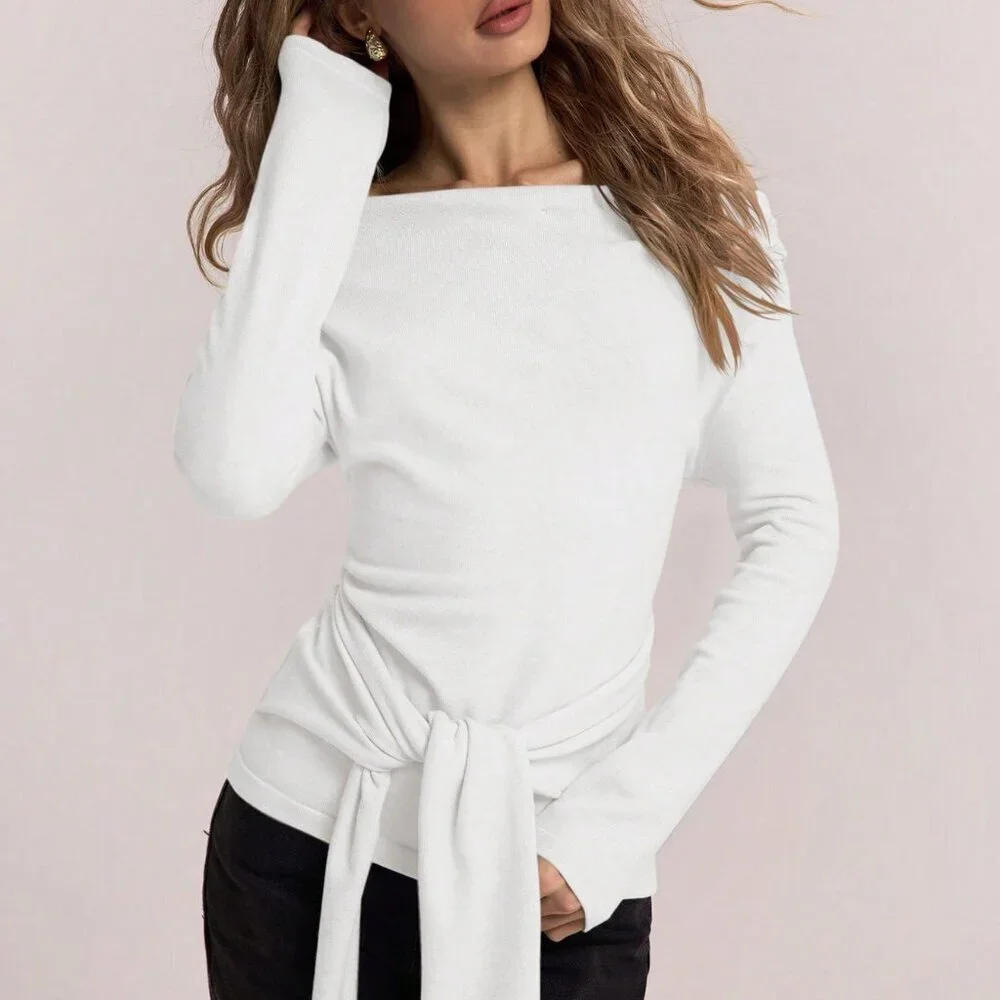 White Casual Women's Elegant Off Shoulder Long Sleeve Twist Front Sweater